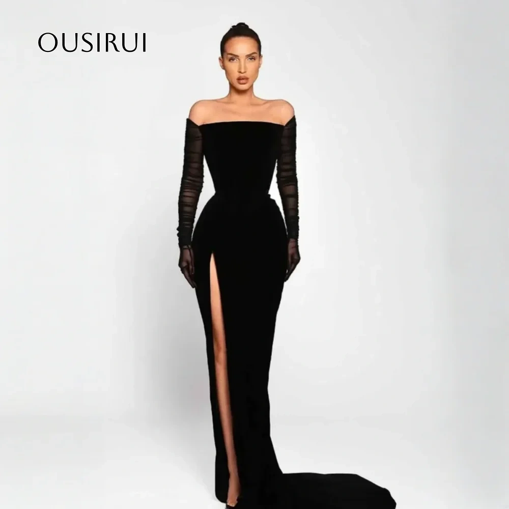 OUSIRUI Black Evening Dresses Long Sleeves Prom Dresses Off-the-shoulder Mermaid With Side Slits Vestidos De Fiesta