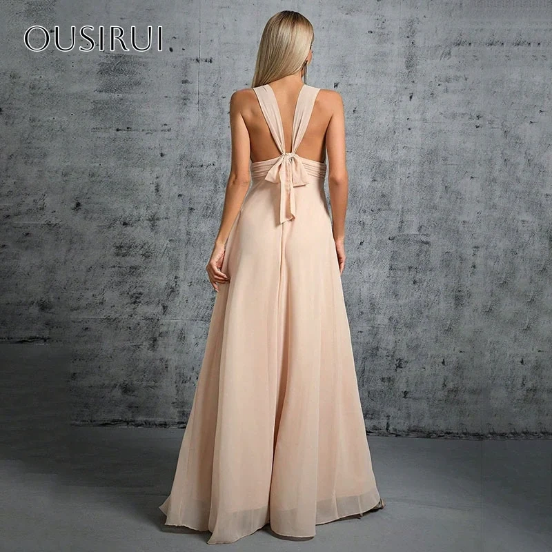 Chiffon V-neck A-line Prom Dresses Backless Sleeveless Floor Length Customized فساتين سهرة إيلي صعب