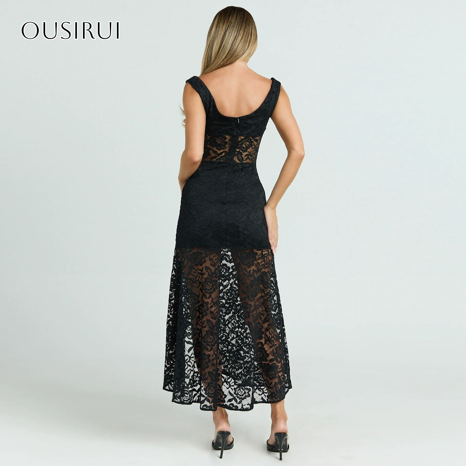 Lace V-neck Sheath Prom Dresses Split Tea Length Sleeveless Customized платье на выпускной