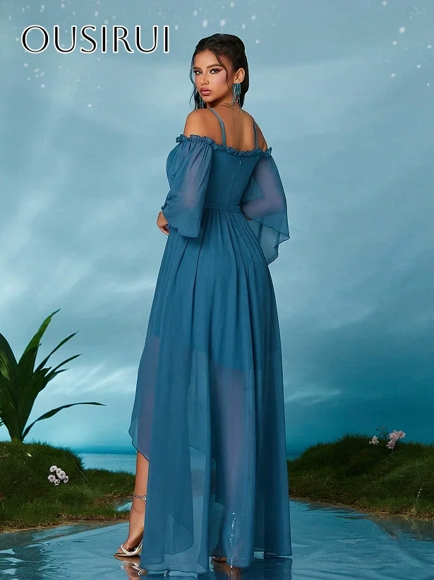 Spaghetti Straps Chiffon A-line Prom Dresses Short Sleeves High-low Pleated Customized платье на выпускной