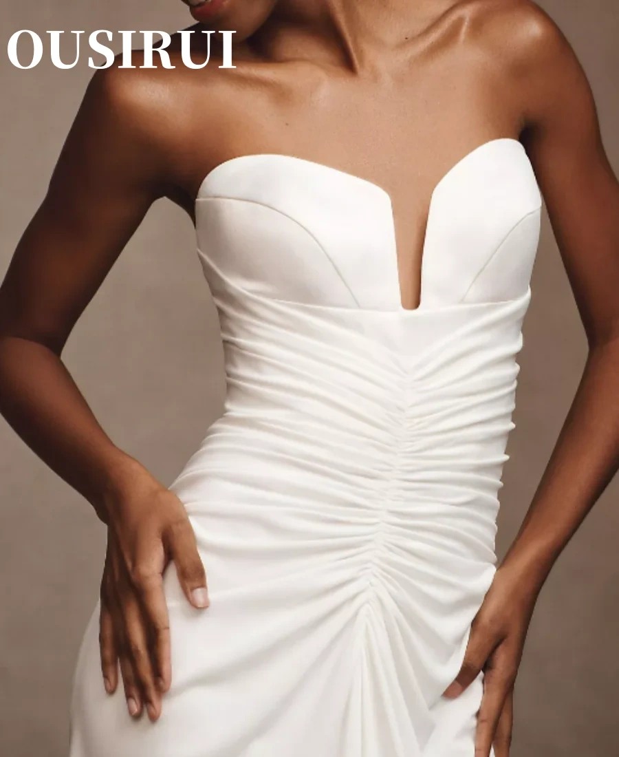 OUSIRUI White Tight Wrap Chest V-neck Wedding Dress Satin Pleats Maid Of Honor Romantic Backless Sexy Mature Zipper Simple
