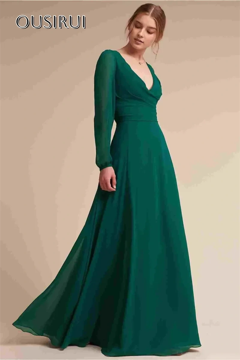 Elegant Long Sleeve Chiffon Ruched Prom Dresses A Line V Neck Customized Simple Formal Evening Gown شارون سعيد فساتين سهره