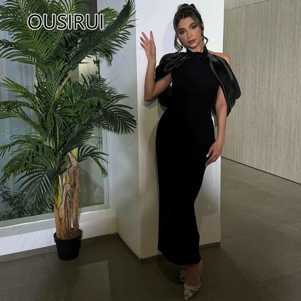 OUSIRUI High Neck Satin Solid Formal Evening Dress Sheath Backless Ankle-Length Long Evening Bridesmaid Dress robe de mariée