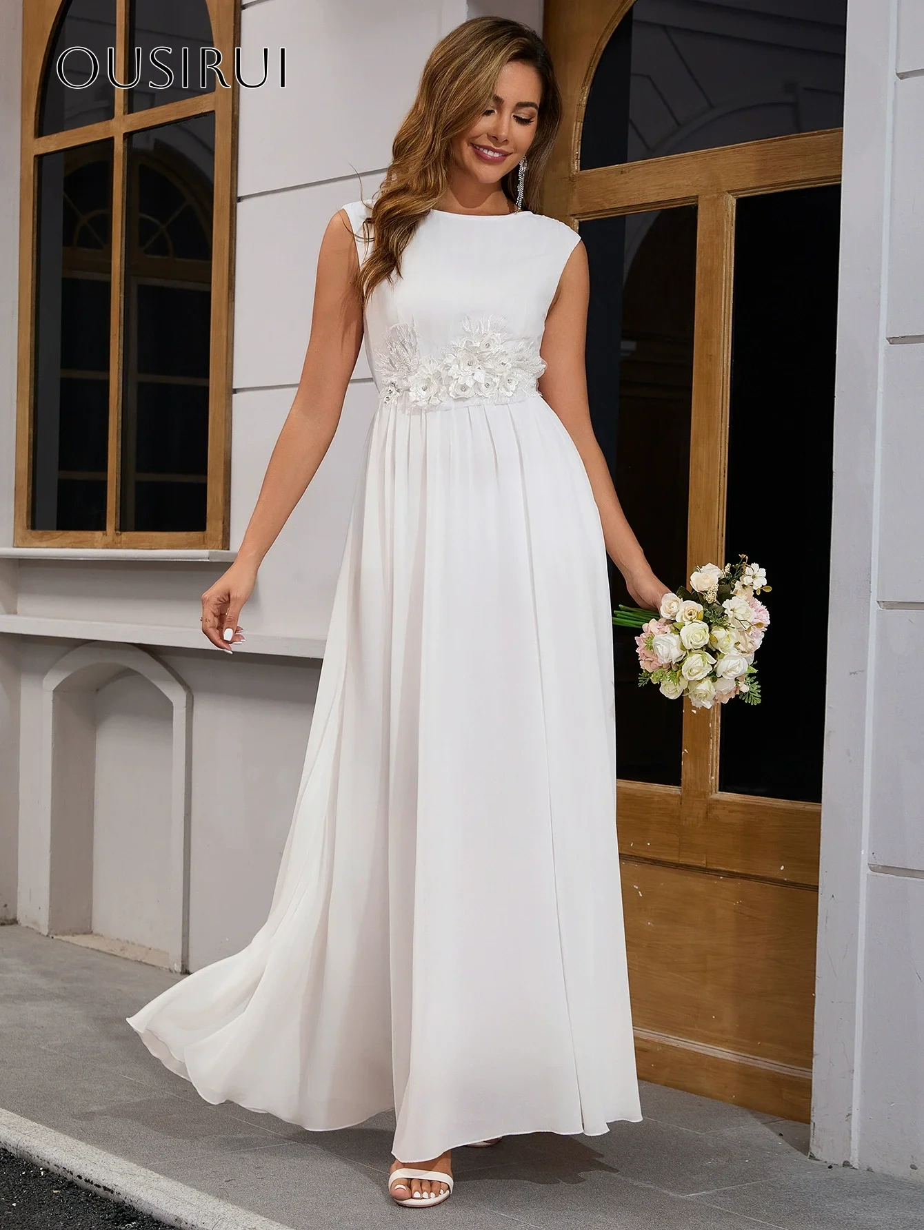 Flowers Bridal Wedding Dresses A Line Sleeveless Chiffon Ankle Length Pleated Customized Vestidos De Novia