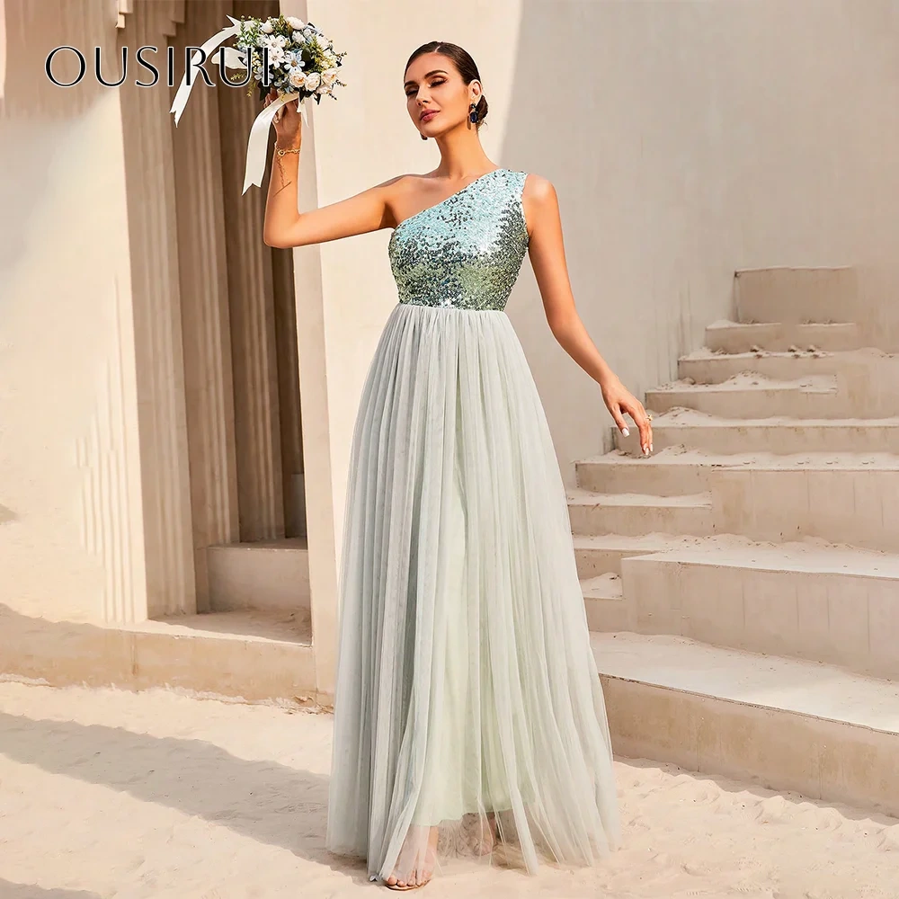 Sequined One Shoulder A-line Evening Gowns Tulle Sleeveless Customized вечерние платья Robes De Soirée