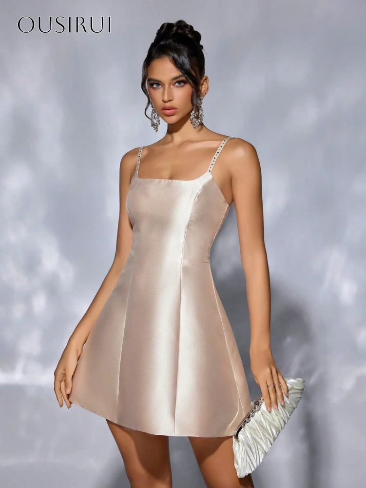 Short Satin A Line Beaded Spaghetti Straps Cocktail Dress Corset Back Party Gowns Customized فستان سهرة نسائي