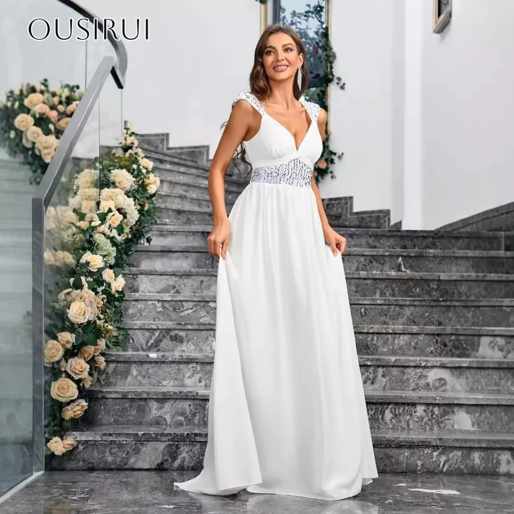 Beaded Straps Chiffon Evening Dresses Backless Sleeveless Sweep Train Customized فساتين حفلة موسيقية