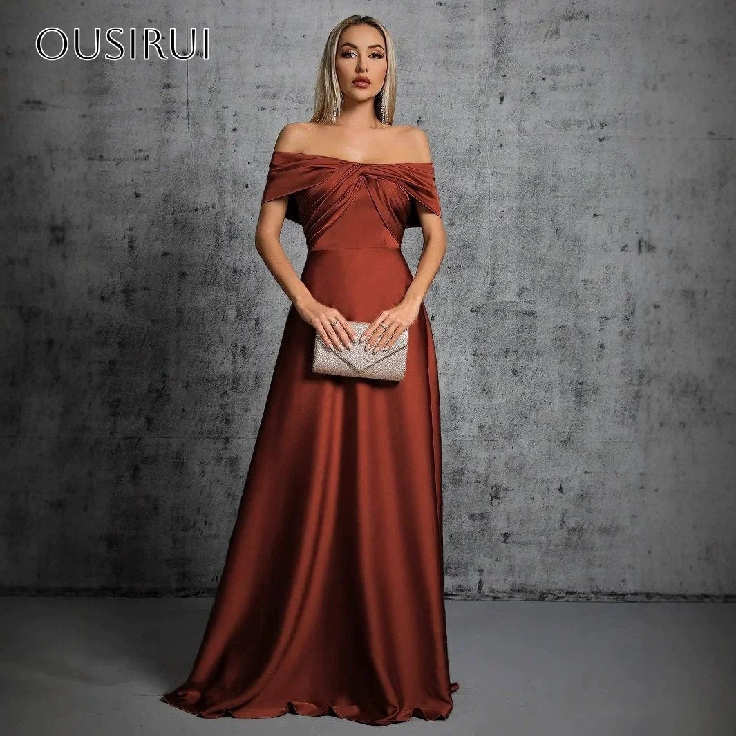 Off Shoulder A-line Satin Prom Dresses Pleated Floor Length Zipper Back Customized فساتين سهرة