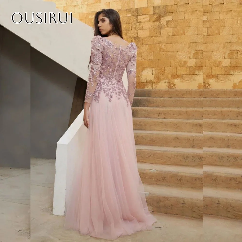 Beaded Appliques A-line Evening Dresses Pleated Long Sleeves Floor Length Customized Party Gowns  فساتين السهرة