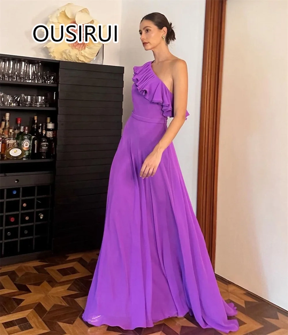 OUSIRUI One Shoulder Chiffon Ruffles Performance Prom Dress A-line Holiday Prom Gown with Trian for Women vestidos de fiesta
