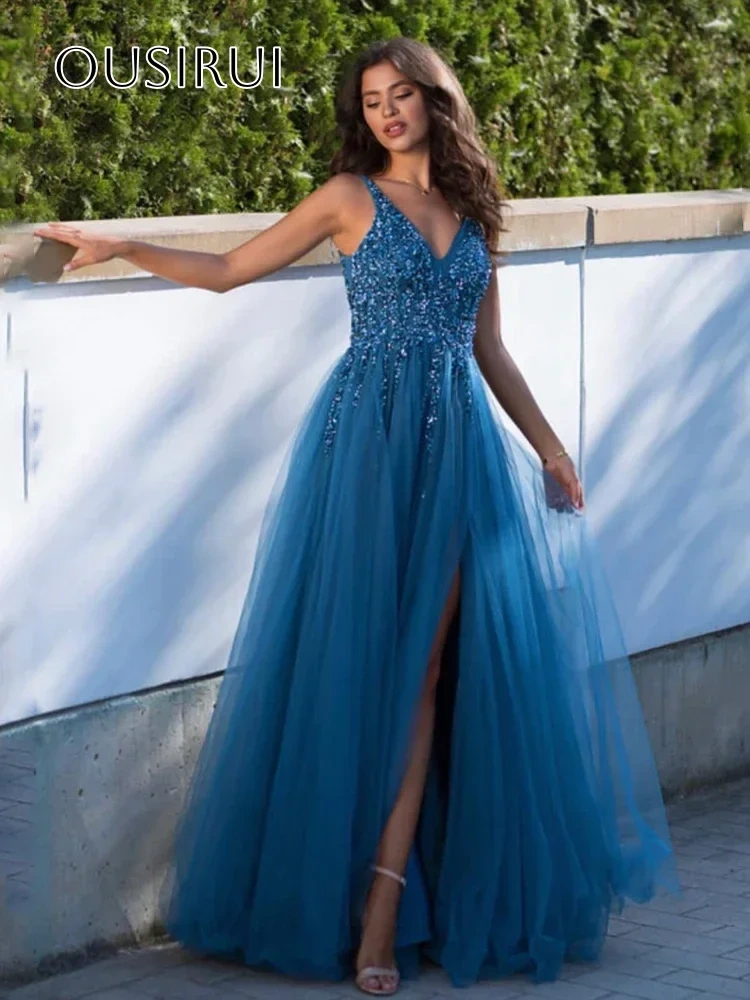 Lace Beaded V-neck Evening Dresses Split Tulle A-line Sleeveless for Women Floor Length Customized vestidos de fiesta