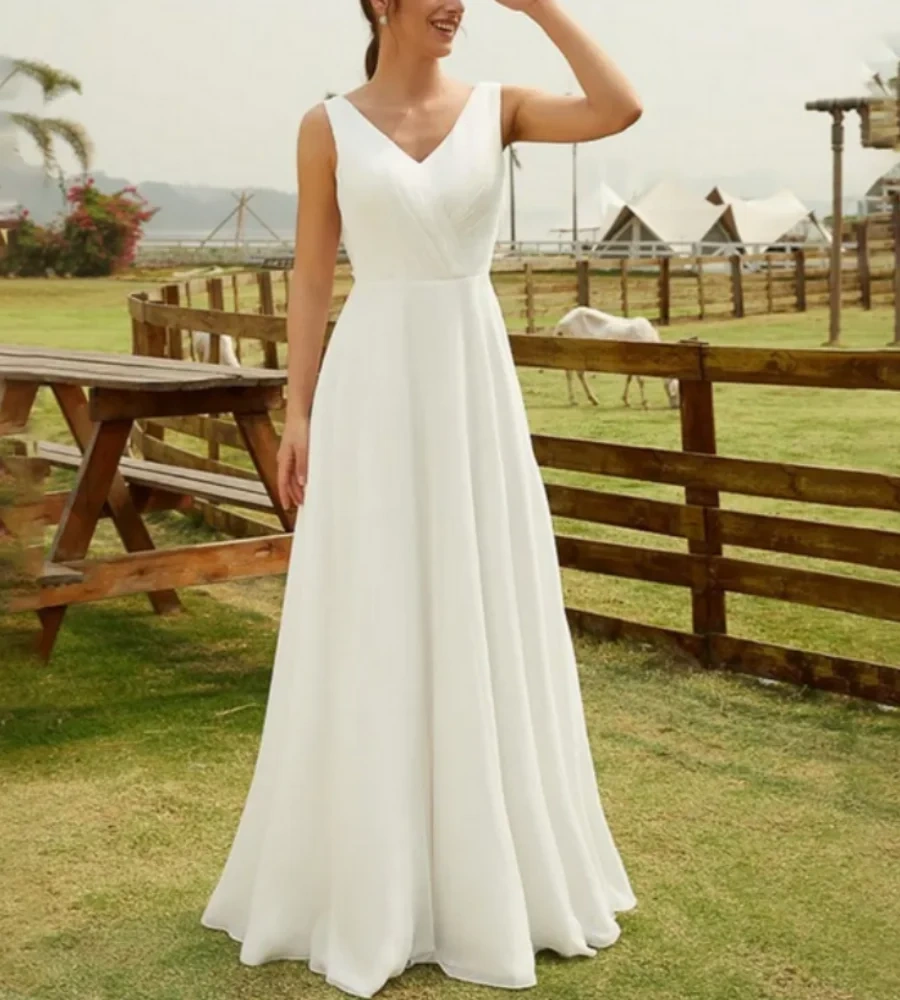 A Line Bride Dress Lace Backless Bridal Summer Chiffon Wedding Dress Simple Gown Tank Sleeves Sweep Train Vestidos De Novia