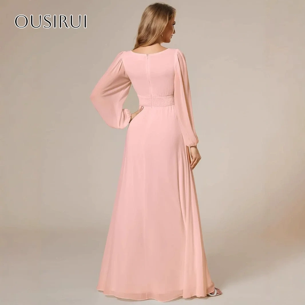 Chiffon A-line Evening Dresses Pleated Long Sleeves Floor Length Customized Party Gowns  فساتين السهرة