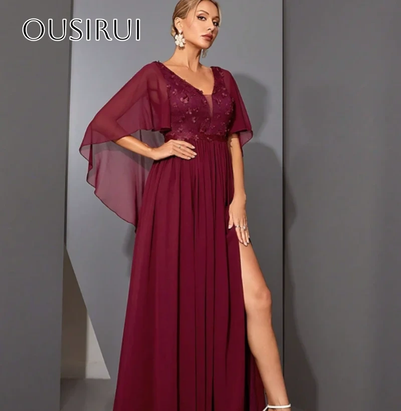 V-neck Chiffon Flowers Evening Dress Slit Pleated A-line Floor Length Wrap Short Sleeves Party Gowns  فساتين السهرة