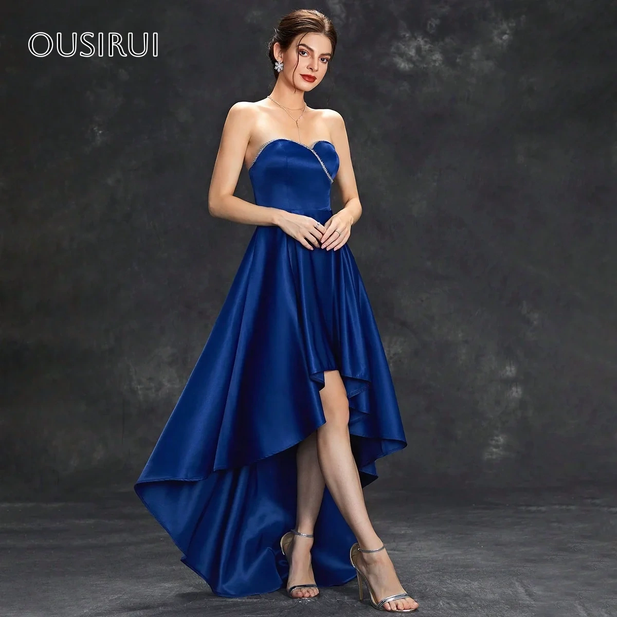 Satin Sweetheart Beaded Evening Dresses High-low Sleeveless Pleated Corset Back Customized платье на выпускной