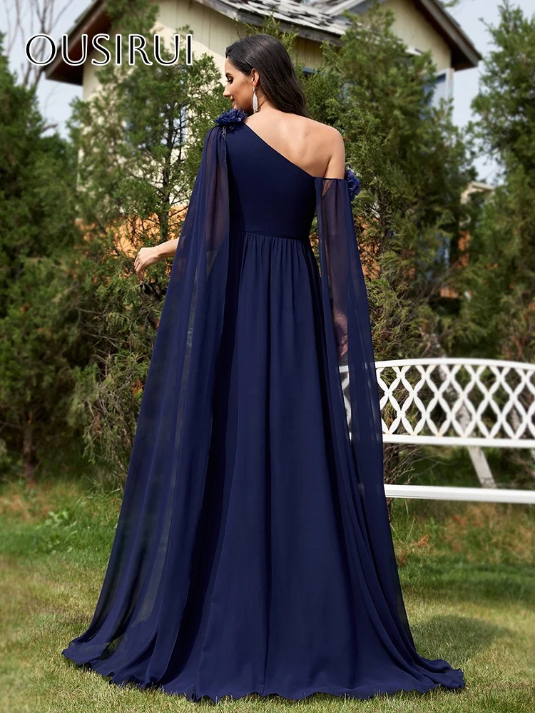 One Shoulder Chiffon Flowers A-line Long Prom Dresses Floor Length Pleated Customized платье на вып