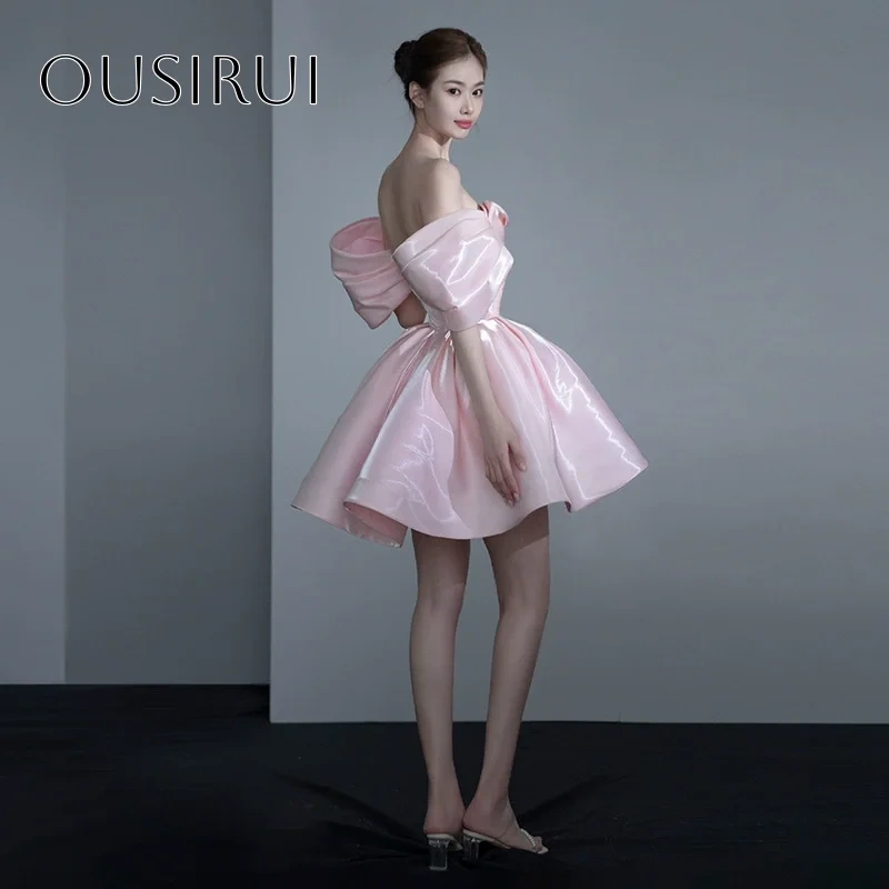 Off Shoulder A-line Liquid Satin Short Cocktail Dress Short Sleeves Party Gown Customized vestidos de fiesta elegantes