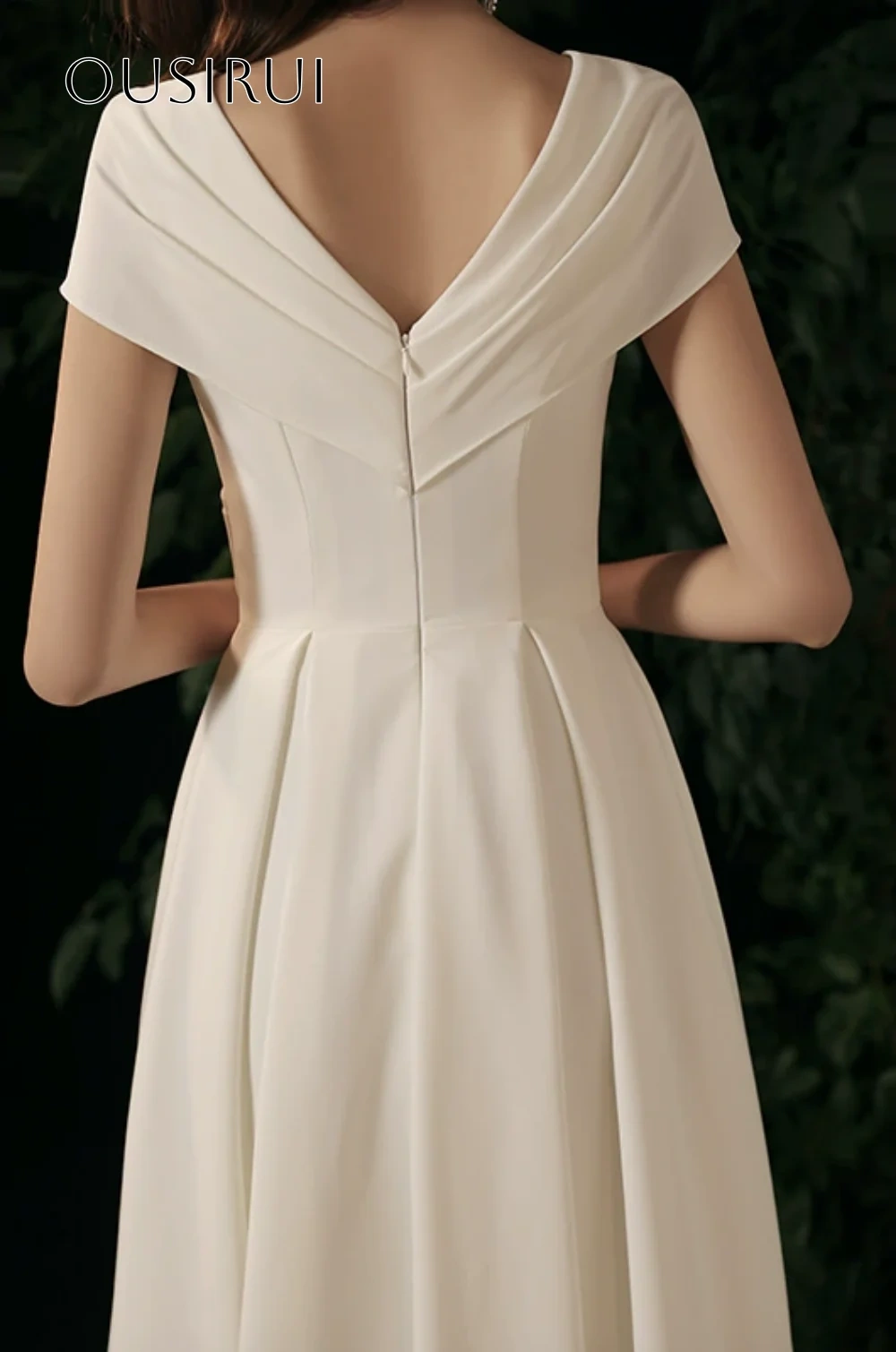 V-neck Bridal Wedding Dresses A Line Short Sleeves Satin Ankle Length Pleated Customized Vestidos De Novia