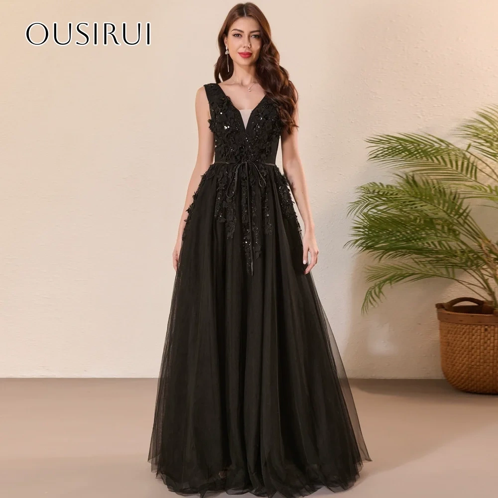 V-neck Appliques Evening Dresses Sleeveless Pleated Corset Floor Length Party Gowns Customized فساتين السهرة