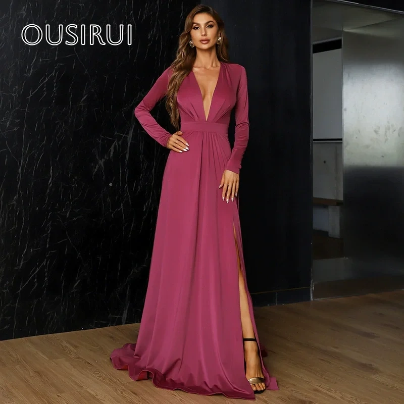V-neck A-line Satin Prom Dresses Long Sleeves Split Pleated Sweep Train Party Gown Customized robe de mariée