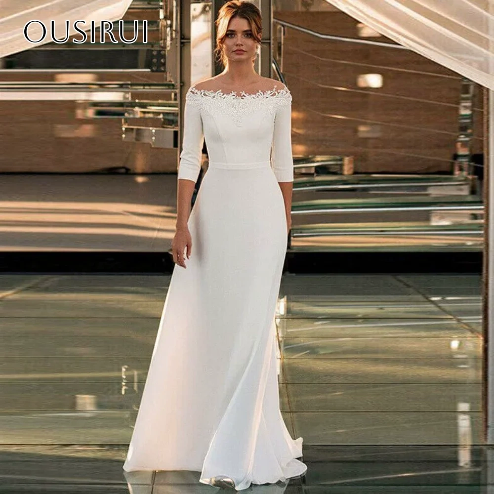 Appliques Off Shulder Sheath Bridal Wedding Dresses Half Sleeves Satin Sweep Train Customized Vestidos De Novia