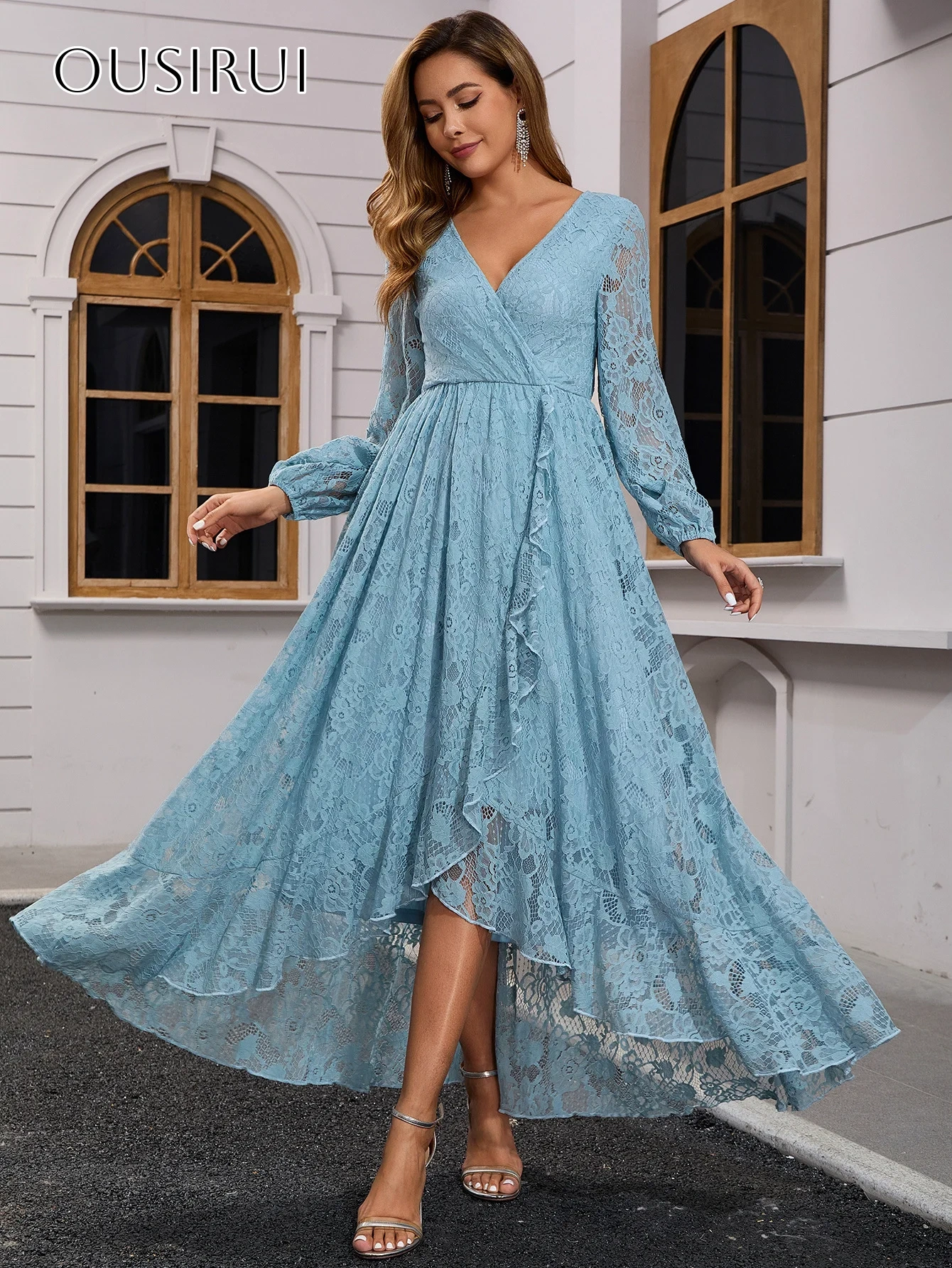 V-neck A-line Evening Gowns Lace Long Sleeves Customized вечерние платья Robes De Soirée