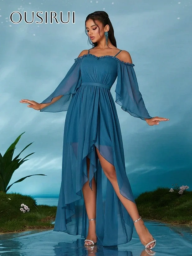 Spaghetti Straps Chiffon A-line Prom Dresses Short Sleeves High-low Pleated Customized платье на выпускной