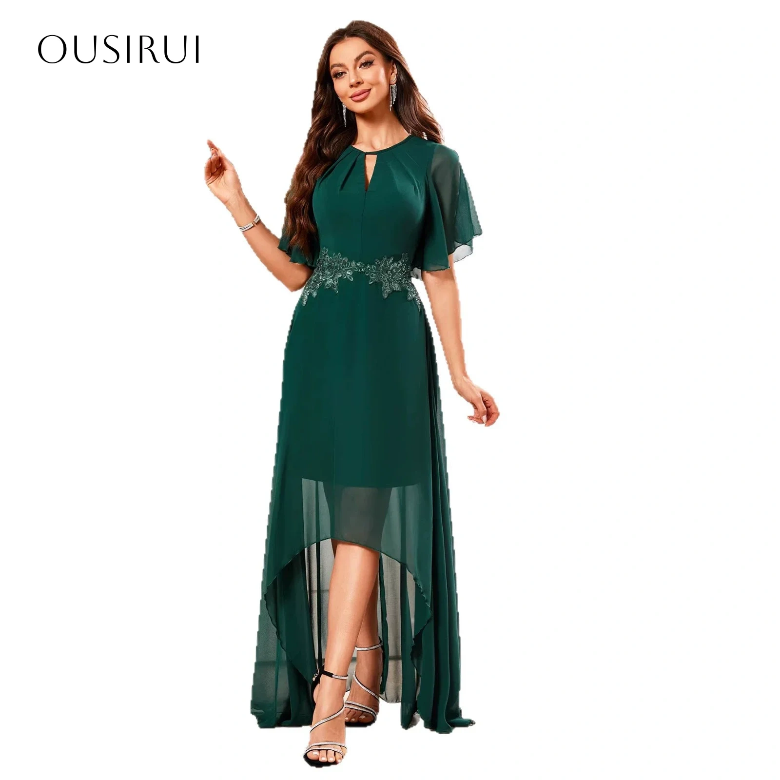 A Line Chiffon High-low Evening Gowns Short Sleeves Lace Pleated Prom Dresses Customized vestidos de fiesta