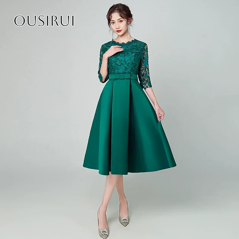 A-line Lace Cocktail Dresses Half Sleeve Bow Satin Tea Length Pleated Customized vestido corto elegante