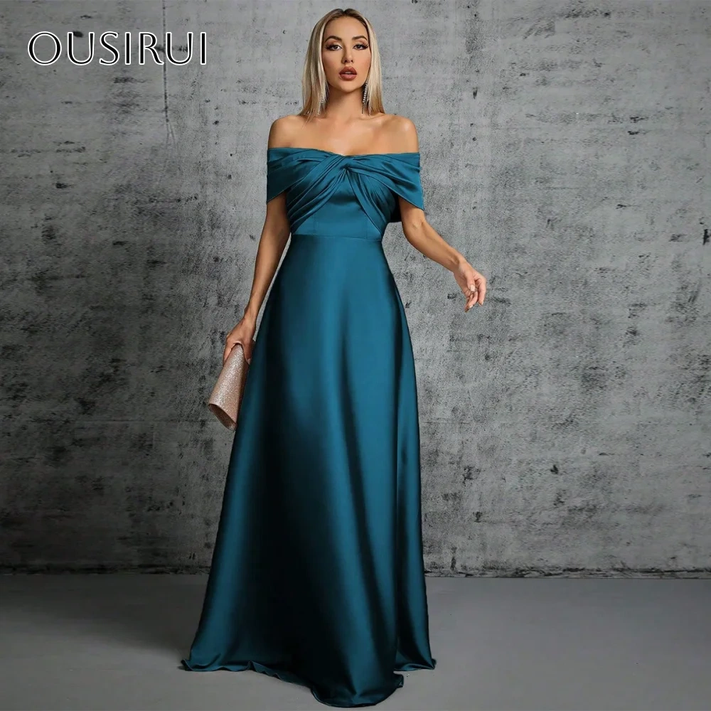 Off Shoulder A-line Satin Prom Dresses Pleated Floor Length Zipper Back Customized فساتين سهرة