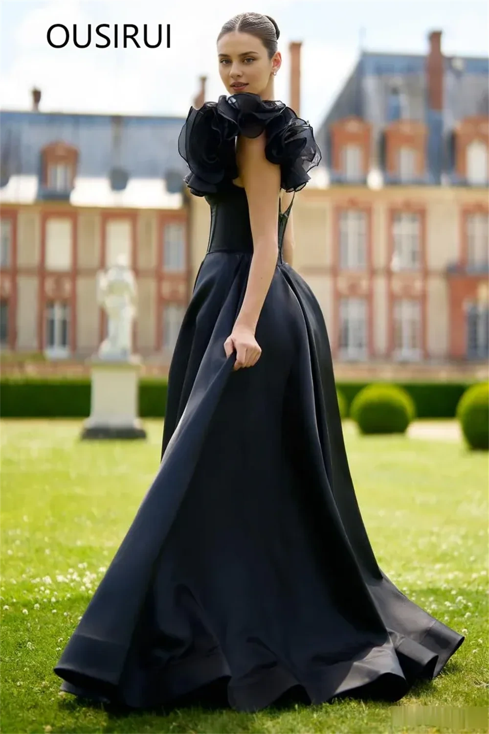 Glamorou One Shoulder Saitn Side Slit Evening Women's Gown A-line Backles Court Prom Holiday Dress with Flowers Customized