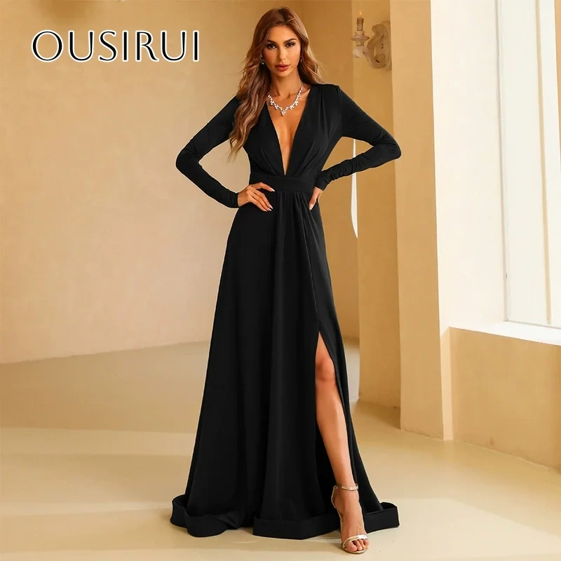 V-neck A-line Satin Prom Dresses Long Sleeves Split Pleated Sweep Train Party Gown Customized robe de mariée