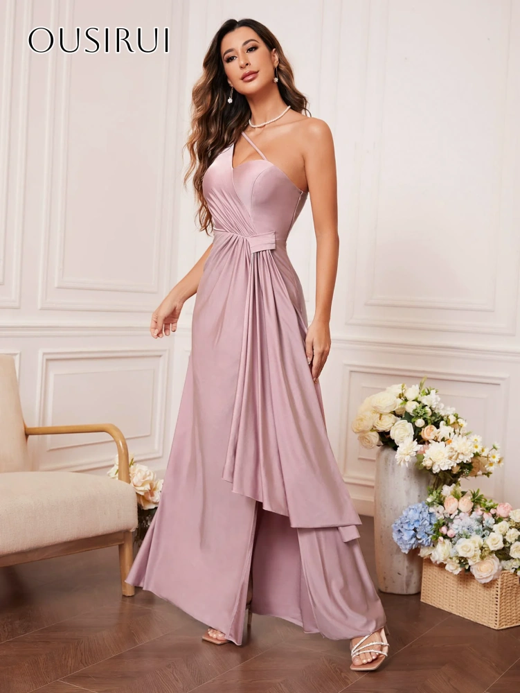 One Shoulder Satin A-line Prom Dresses Sleeveless Split Ankle Length Customized платье на выпускной