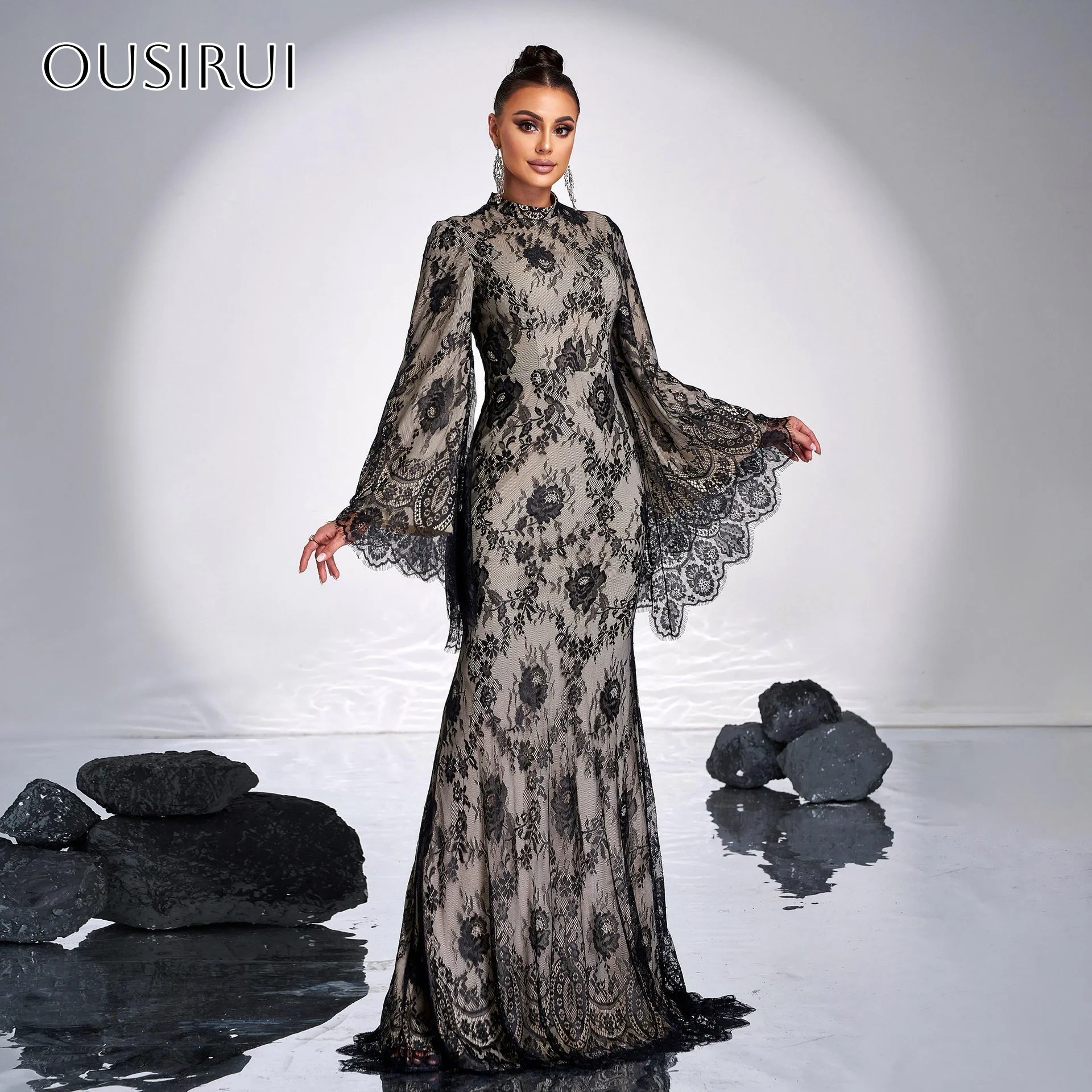 Sheath Lace O-neck Evening Dresses Puffy Long Sleeves Pleated Sweep Train Party Gowns  فساتين السهرة