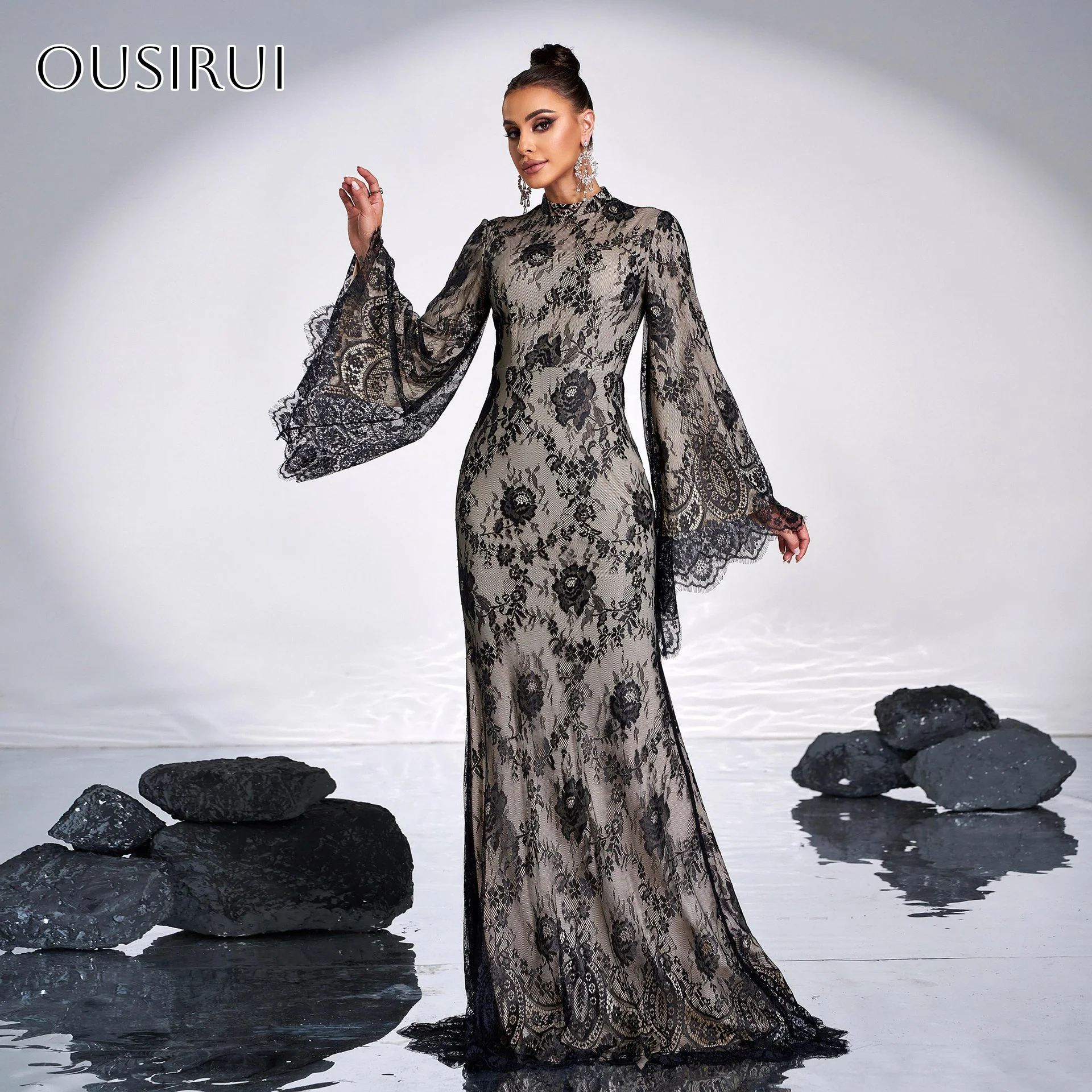 Sheath Lace O-neck Evening Dresses Puffy Long Sleeves Pleated Sweep Train Party Gowns  فساتين السهرة