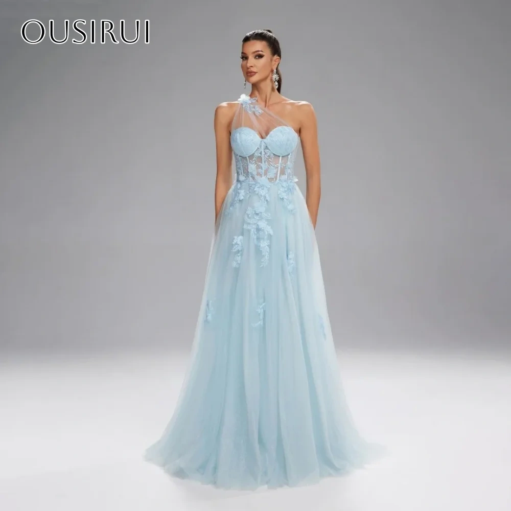 One Shoulder Lace Evening Dresses A-line Sleeveless Split Tulle Sweep Train Customized vestidos de fiesta