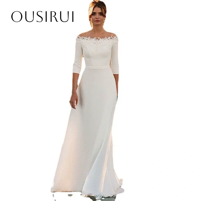 Appliques Off Shulder Sheath Bridal Wedding Dresses Half Sleeves Satin Sweep Train Customized Vestidos De Novia