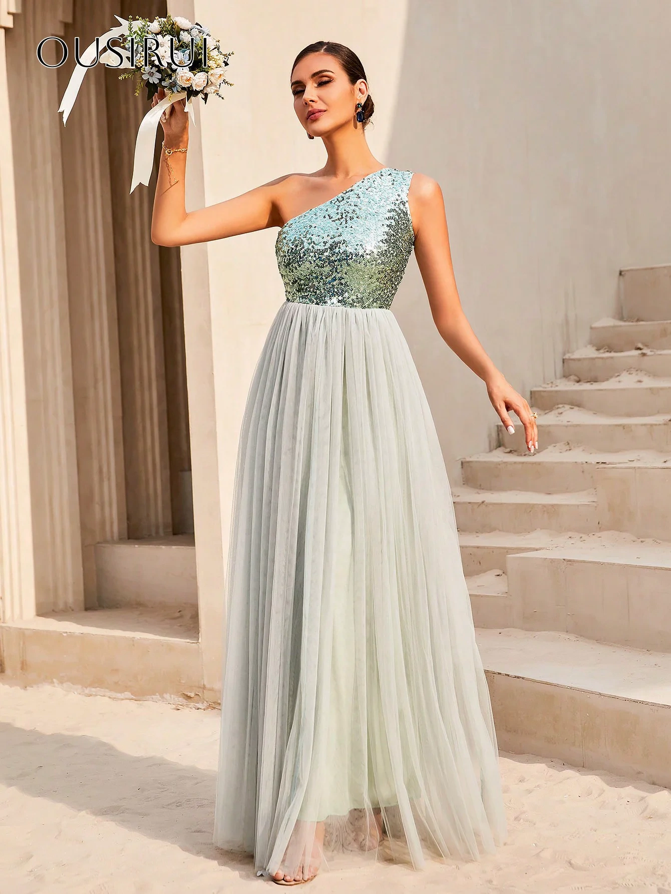 Sequined One Shoulder A-line Evening Gowns Tulle Sleeveless Customized вечерние платья Robes De Soirée