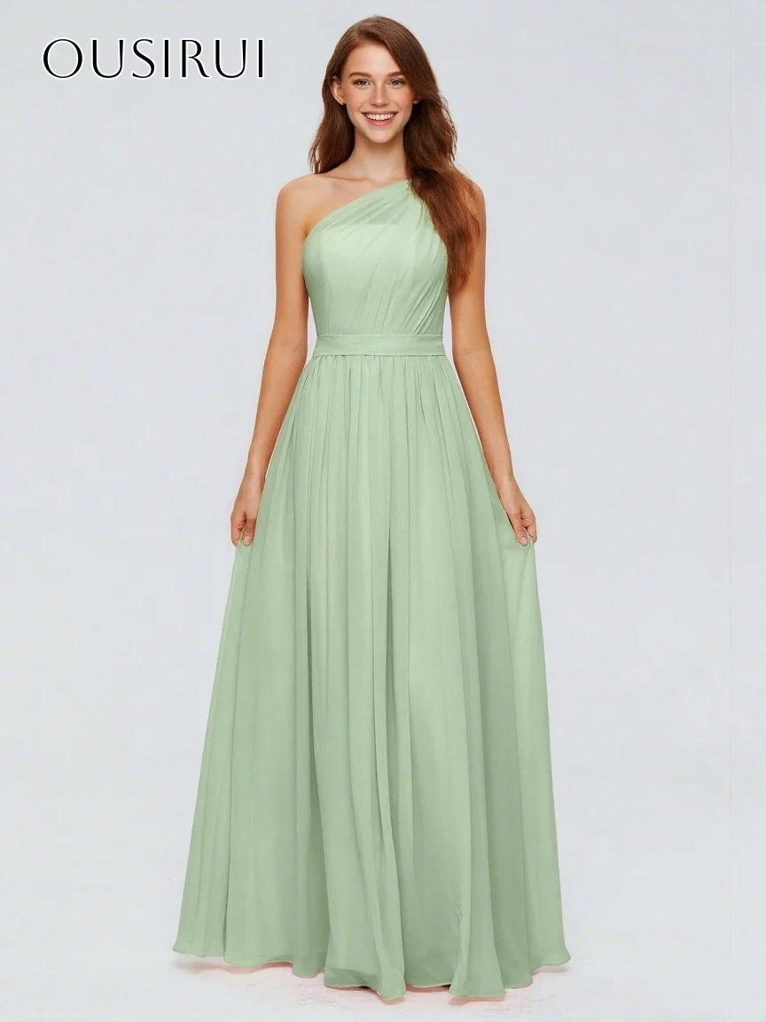 One Shoulder A-line Chiffon Prom Dresses Sleeveless Pleated Floor Length Customized فساتين حفلة موسيقية
