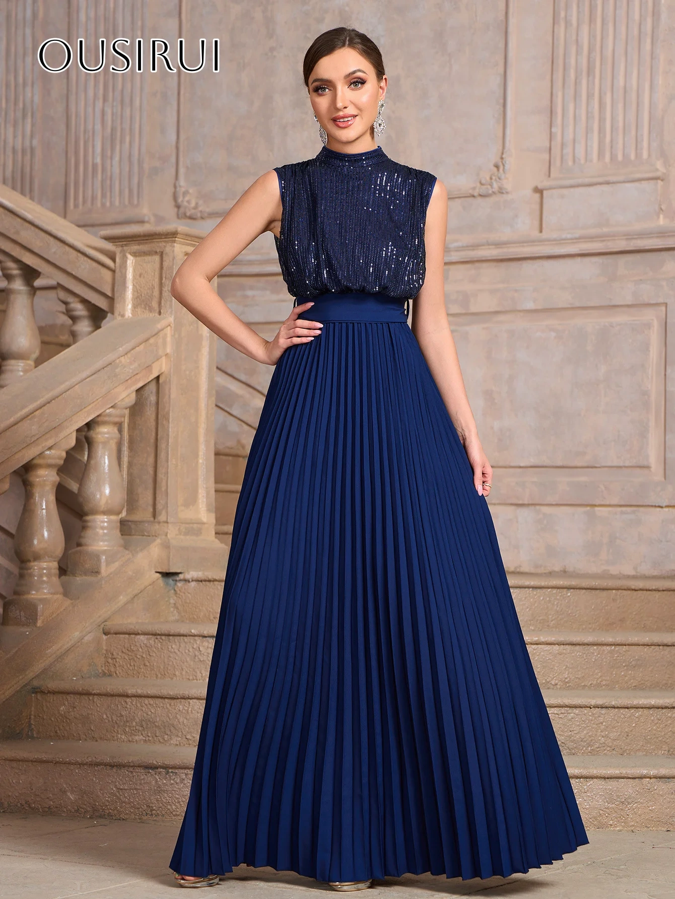 A-line Sequined Prom Dresses Sleeveless Pleated Backless Sash Back Floor Length Customized платье на выпускной
