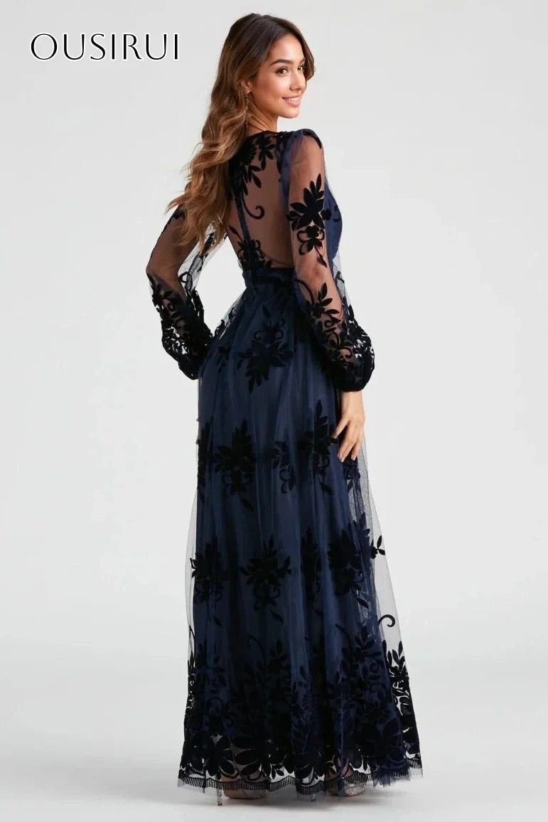 Appliques A-line V-neck Evening Dresses Long Sleeves Tulle Floor Length Pleated Customized Party Gowns  فساتين السه