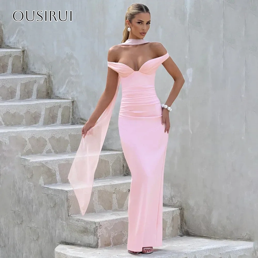 Sheath Satin Off Shoulder Prom Dresses Ankle Length Sleeveless Back Split Customized платье на выпускной