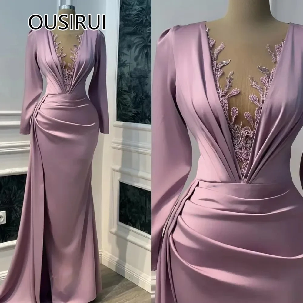OUSIRUI Sheer Neck Satin Formal Evening Party Dress Sexy Mermaid Sweep Train Prom Gown with Lace Backless Long Puff Sleeve