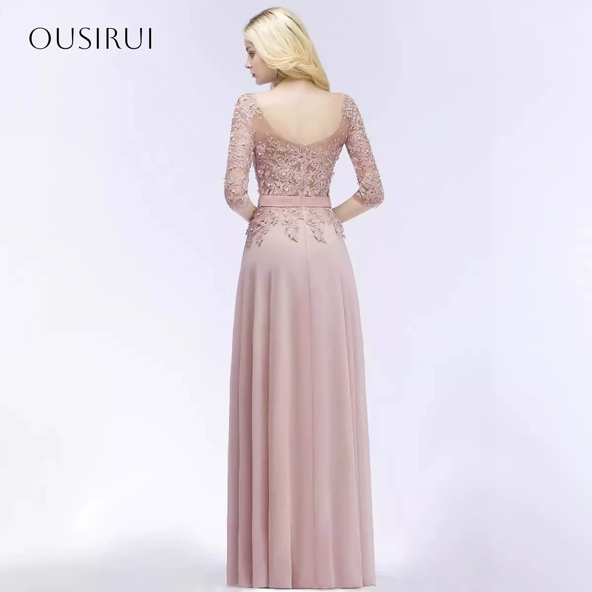 Lace O-neck A Line Chiffon Evening Gowns Floor Length Half Sleeves Prom Dresses Customized vestidos de fiesta