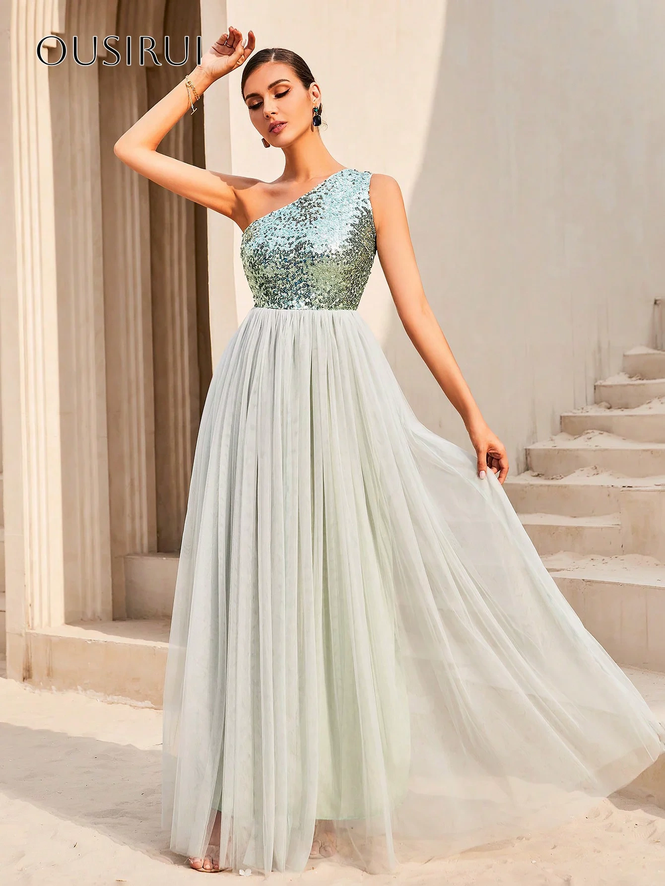 Sequined One Shoulder A-line Evening Gowns Tulle Sleeveless Customized вечерние платья Robes De Soirée
