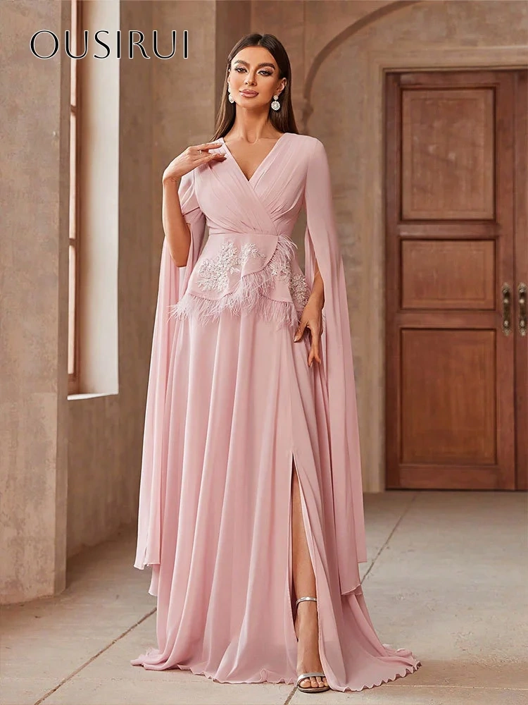 V-neck A-line Appliques Feather Evening Gowns Chiffon Long Sleeves Customized вечерние платья Robes De Soirée
