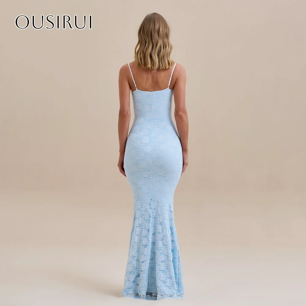 Spaghetti Straps Sheath Lace Evening Dresses Pleated Sleeveless Floor Length Customized платье на выпускной