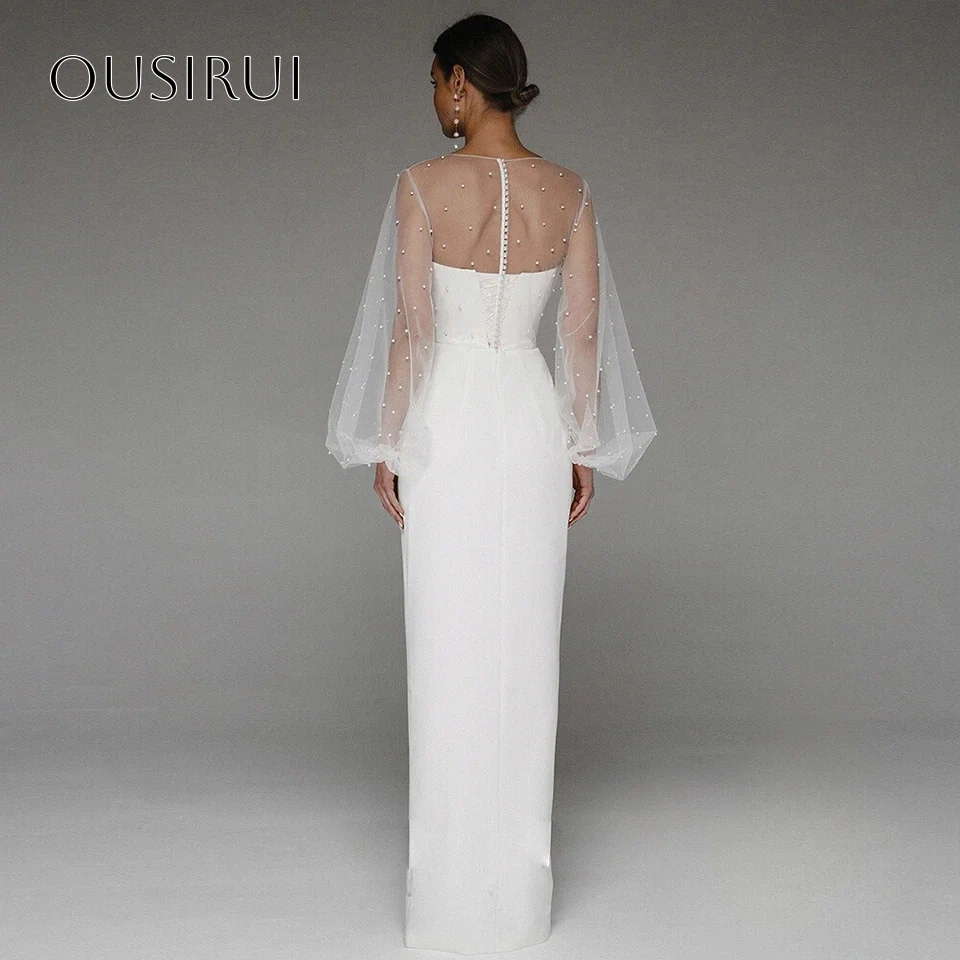 Pearls Wrap Evening Dresses Sheath Long Sleeves Satin Floor Length Corset Customized شارون سعيد فساتين سهره