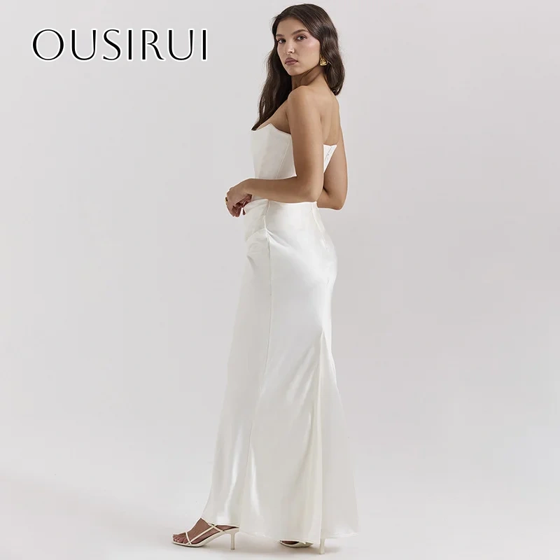 Strapless Satin Sheath Prom Dresses Sleeveless Ruffled Ankle Length Customized платье на выпускной
