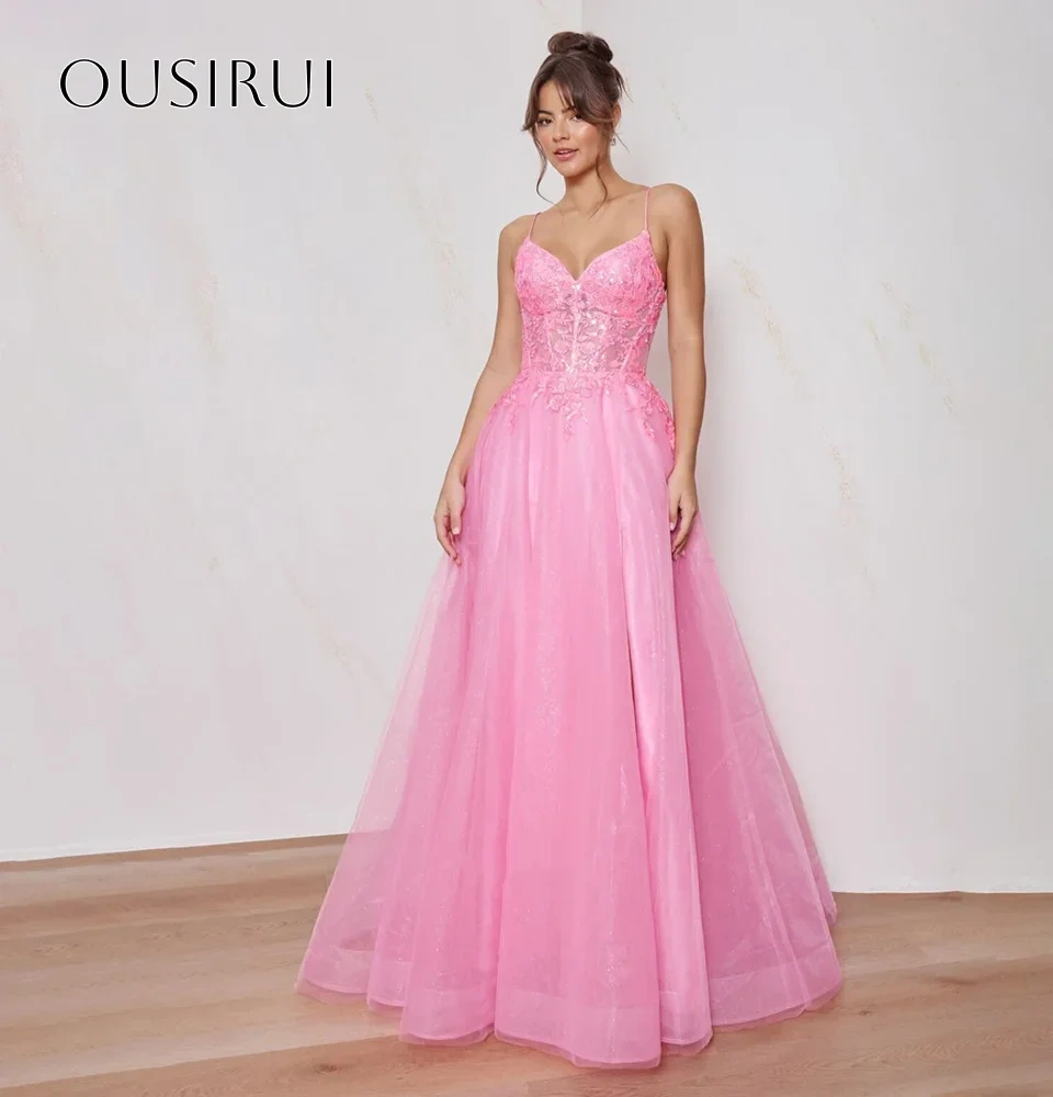 Spaghetti Straps Lace Evening Dresses Split Organza Floor Length Corset Sleeveless Customized Party Gowns  فساتين ال